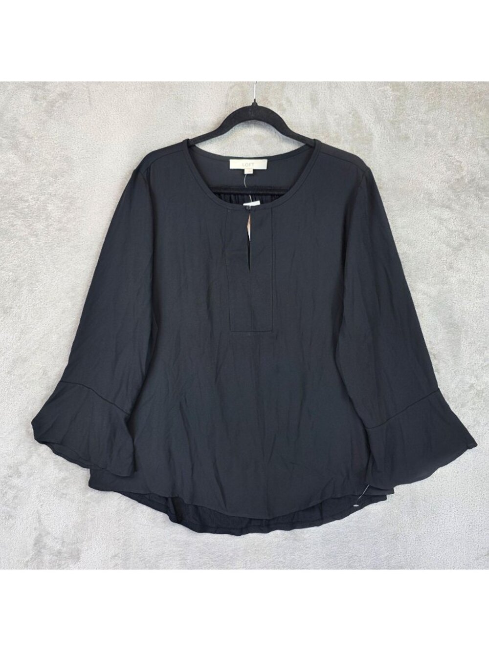 Ann Taylor LOFT Blouse Womens L Black Round Neck Long Bell Sleeve Tunic Top